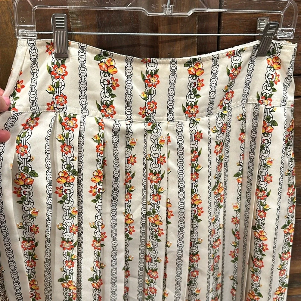 Tory Burch Cream Floral Stripe Pleated Midi Skirt